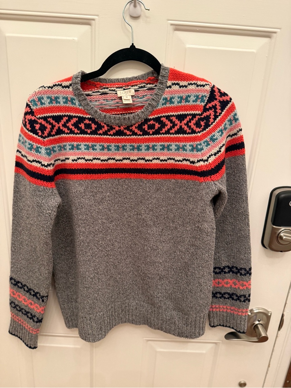 J Crew | Fair Isle Crew Neck Sweater in Red Grey 100% Lambs Wool Medium